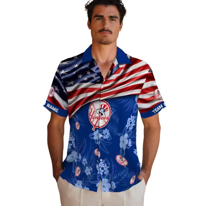 Personalized Yankees Navy Hawaiian Shirt - US Flag Floral Summer Gift