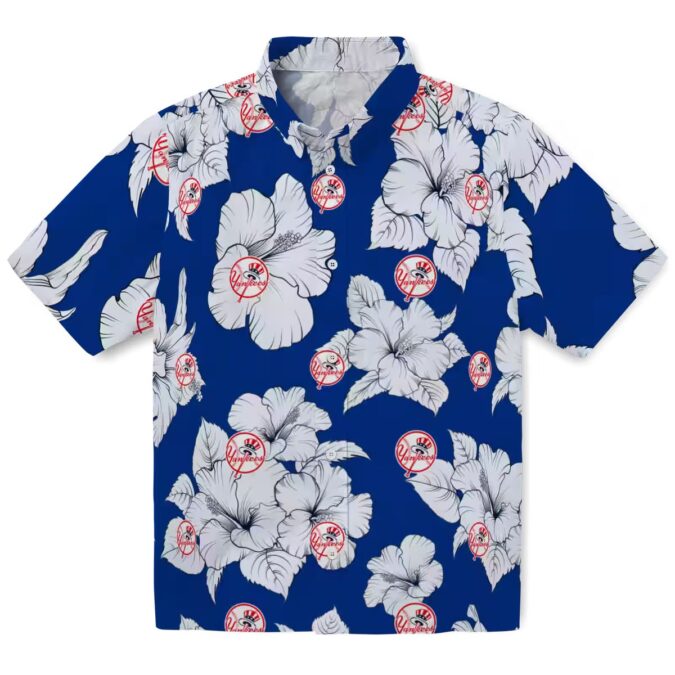 Yankees Navy White Hawaiian Shirt - Hibiscus Print for Baseball Fans