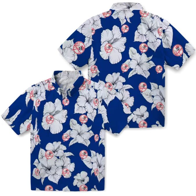 Yankees Navy White Hawaiian Shirt - Hibiscus Print for Baseball Fans