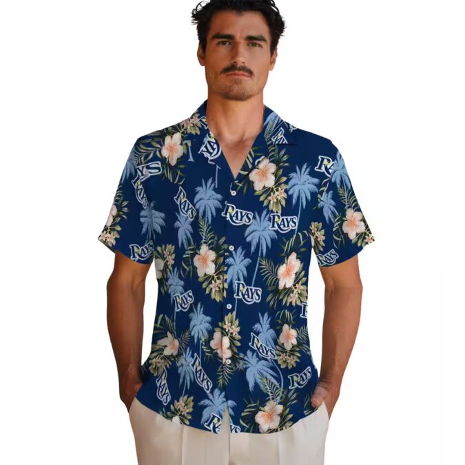 Men's Tampa Bay Rays Palm Tree Hawaiian Shirt - Flower Navy Style, MLB Baseball Fan Apparel