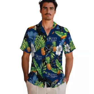 Official Tampa Bay Rays Pineapple Hibiscus Hawaiian Shirt - Navy Green Tropical Summer Shirt