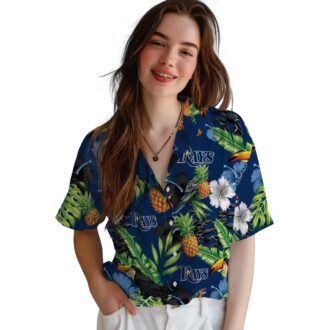 Official Tampa Bay Rays Pineapple Hibiscus Hawaiian Shirt - Navy Green Tropical Summer Shirt