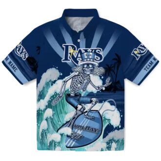 Personalized Tampa Bay Rays Hawaiian Shirt in Navy Blue with Surfing Skeleton Design