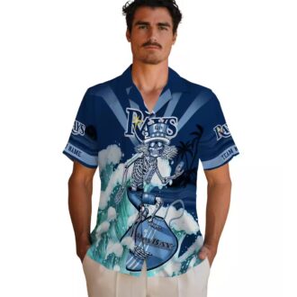 Personalized Tampa Bay Rays Hawaiian Shirt in Navy Blue with Surfing Skeleton Design