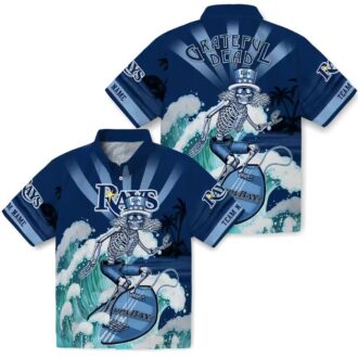 Personalized Tampa Bay Rays Hawaiian Shirt in Navy Blue with Surfing Skeleton Design