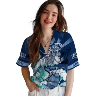 Personalized Tampa Bay Rays Hawaiian Shirt in Navy Blue with Surfing Skeleton Design