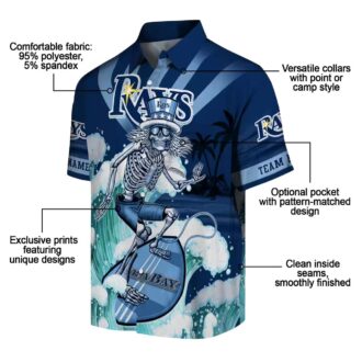 Personalized Tampa Bay Rays Hawaiian Shirt in Navy Blue with Surfing Skeleton Design
