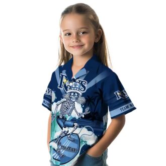 Personalized Tampa Bay Rays Hawaiian Shirt in Navy Blue with Surfing Skeleton Design