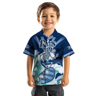 Personalized Tampa Bay Rays Hawaiian Shirt in Navy Blue with Surfing Skeleton Design