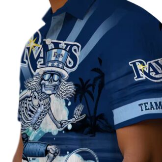 Personalized Tampa Bay Rays Hawaiian Shirt in Navy Blue with Surfing Skeleton Design