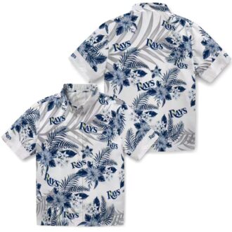 Tampa Bay Rays MLB Hawaiian Shirt - Navy White Hibiscus Palm Leaves Shirt for Fans