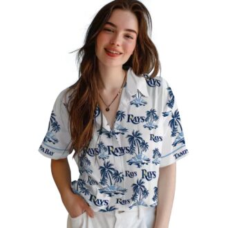 Tampa Bay Rays Navy White Hawaiian Shirt with Palm Island Print - Perfect for Beach Parties & Game Days