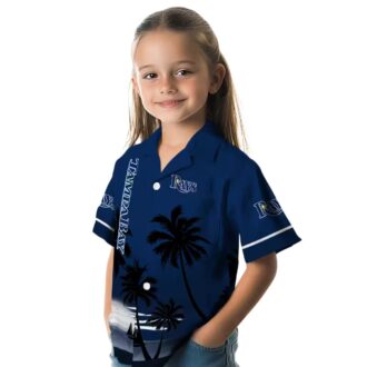 Tampa Bay Rays Summer Casual Shirt - Navy Hawaiian Top with Sunset & Beach Print