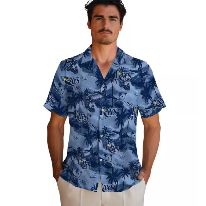 Tampa Bay Rays Tropical Coastal Palms Hawaiian Shirt - Navy Summer Fan Gear