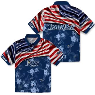 Tampa Bay Rays US Flag Hibiscus Navy Hawaiian Shirt - Custom Team MLB Fan Summer Shirt