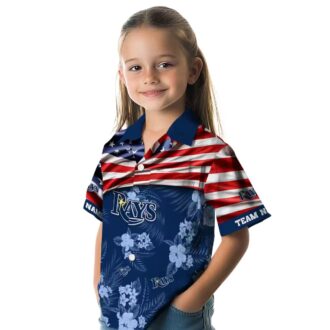 Tampa Bay Rays US Flag Hibiscus Navy Hawaiian Shirt - Custom Team MLB Fan Summer Shirt