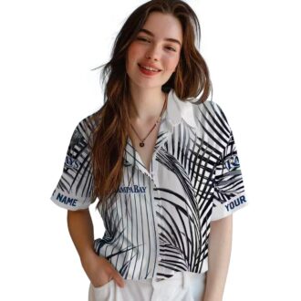 Women's Tampa Bay Rays Tropical Hawaiian Shirt - Palm Stripes Navy Black White for MLB Fans