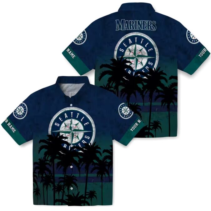Custom Seattle Mariners Sunset Pattern Hawaiian Shirt - Navy Blue Black Theme Design for Fans