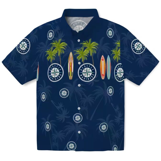 Exclusive Seattle Mariners Navy Blue Hawaiian Shirt with Surfboard and Palm Design - MLB Fan Apparel