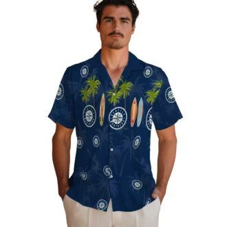 Exclusive Seattle Mariners Navy Blue Hawaiian Shirt with Surfboard and Palm Design - MLB Fan Apparel