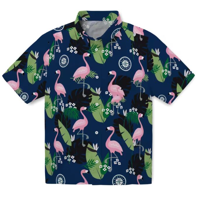 Flamingo Leaf Motif Navy Blue Seattle Mariners Hawaiian Shirt - MLB Fan Beachwear
