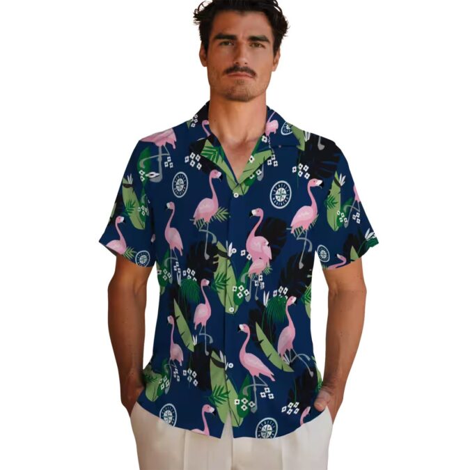 Flamingo Leaf Motif Navy Blue Seattle Mariners Hawaiian Shirt - MLB Fan Beachwear