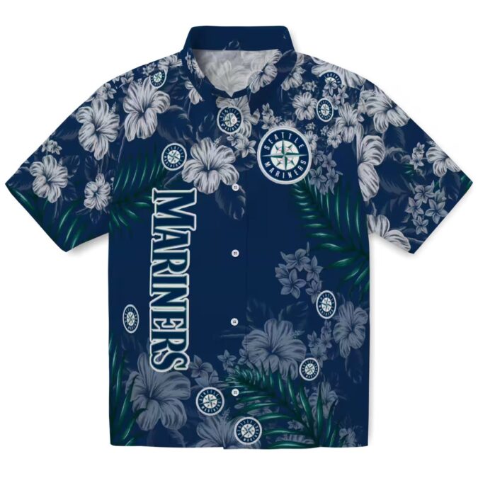MLB Seattle Mariners Hibiscus Print Hawaiian Shirt - Navy Blue Summer Fan Gear