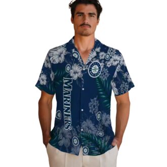 MLB Seattle Mariners Hibiscus Print Hawaiian Shirt - Navy Blue Summer Fan Gear