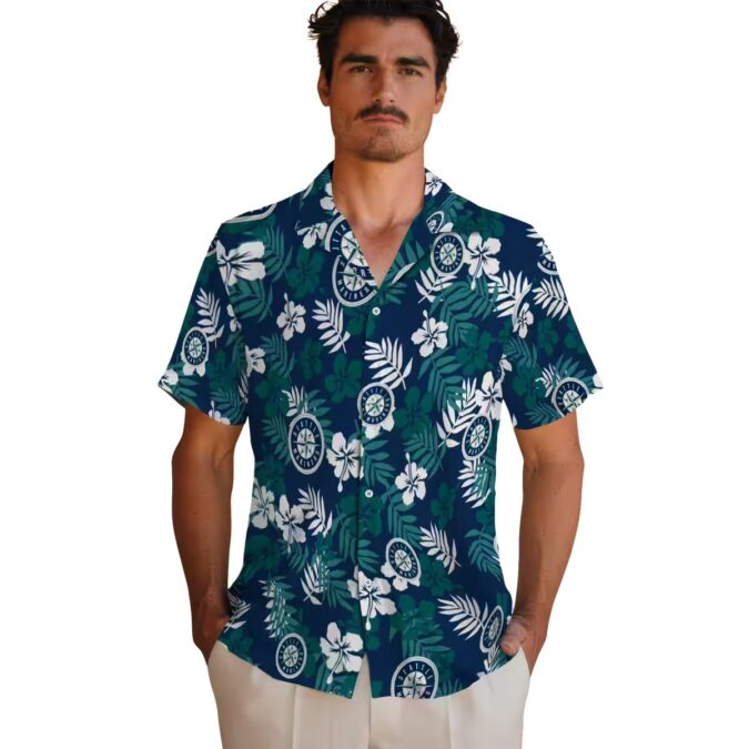 MLB Seattle Mariners Tropical Floral Hawaiian Shirt - Comfortable Navy Blue Beach Shirt