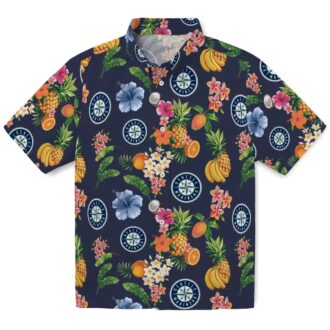 MLB Summer Navy Blue Seattle Mariners Hawaiian Shirt - Hibiscus & Fruit Tropical Design