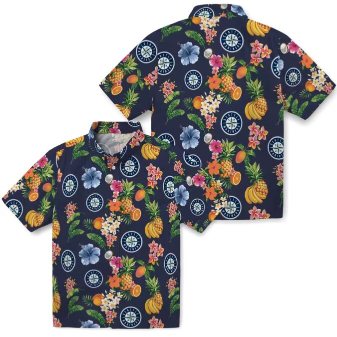 MLB Summer Navy Blue Seattle Mariners Hawaiian Shirt - Hibiscus & Fruit Tropical Design