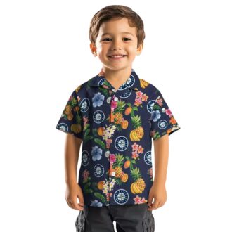 MLB Summer Navy Blue Seattle Mariners Hawaiian Shirt - Hibiscus & Fruit Tropical Design