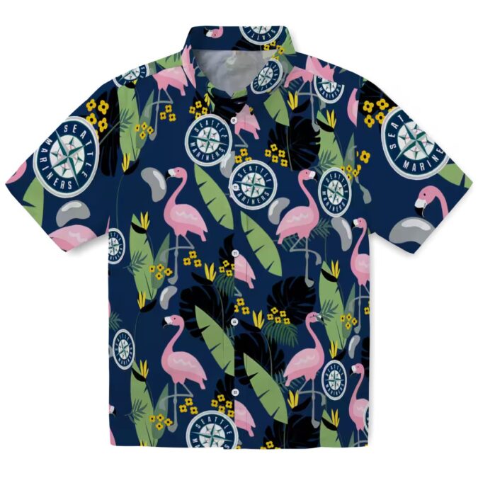 Navy Blue Seattle Mariners Hawaiian Shirt - Flamingo Leaves Design for MLB Fans