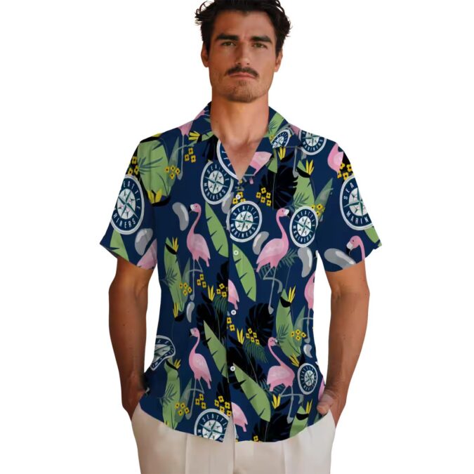 Navy Blue Seattle Mariners Hawaiian Shirt - Flamingo Leaves Design for MLB Fans