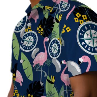 Navy Blue Seattle Mariners Hawaiian Shirt - Flamingo Leaves Design for MLB Fans