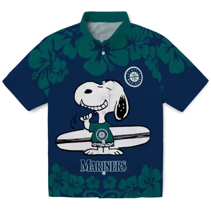 Navy Blue White Seattle Mariners Snoopy Surf Hawaiian Shirt - MLB Fan Beach Shirt