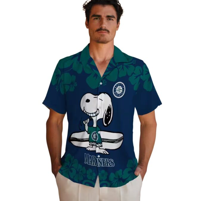 Navy Blue White Seattle Mariners Snoopy Surf Hawaiian Shirt - MLB Fan Beach Shirt