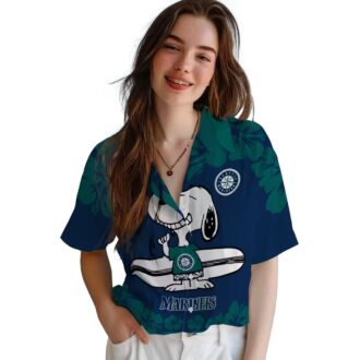 Navy Blue White Seattle Mariners Snoopy Surf Hawaiian Shirt - MLB Fan Beach Shirt