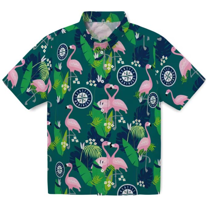 Seattle Mariners Flamingo Foliage Hawaiian Shirt - Navy Blue Green MLB Shirt for Beach & Summer