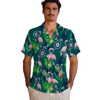 Seattle Mariners Flamingo Foliage Hawaiian Shirt - Navy Blue Green MLB Shirt for Beach & Summer