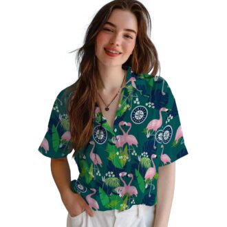 Seattle Mariners Flamingo Foliage Hawaiian Shirt - Navy Blue Green MLB Shirt for Beach & Summer