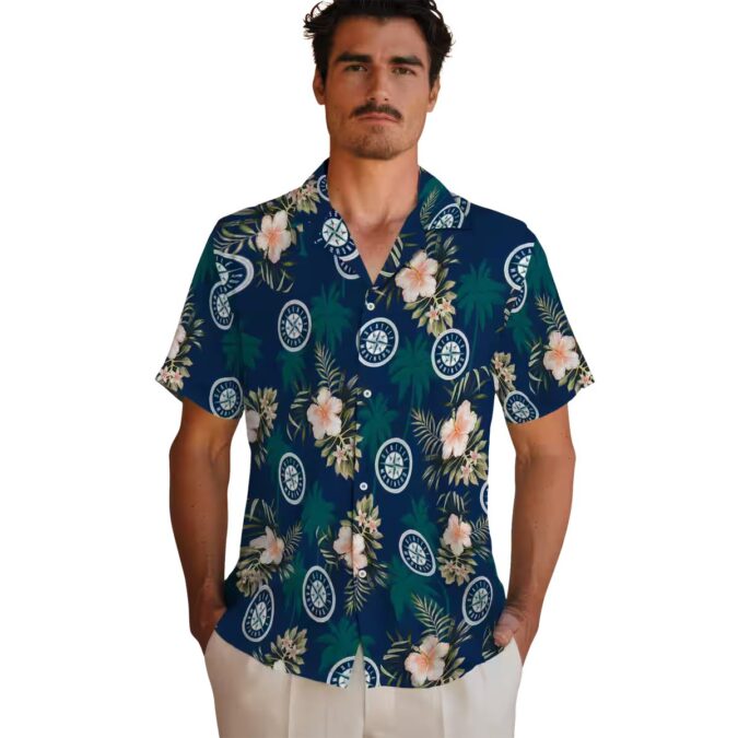 Seattle Mariners Palm Tree Hawaiian Shirt - Tropical Flower Navy Blue MLB Fan Shirt for Summer