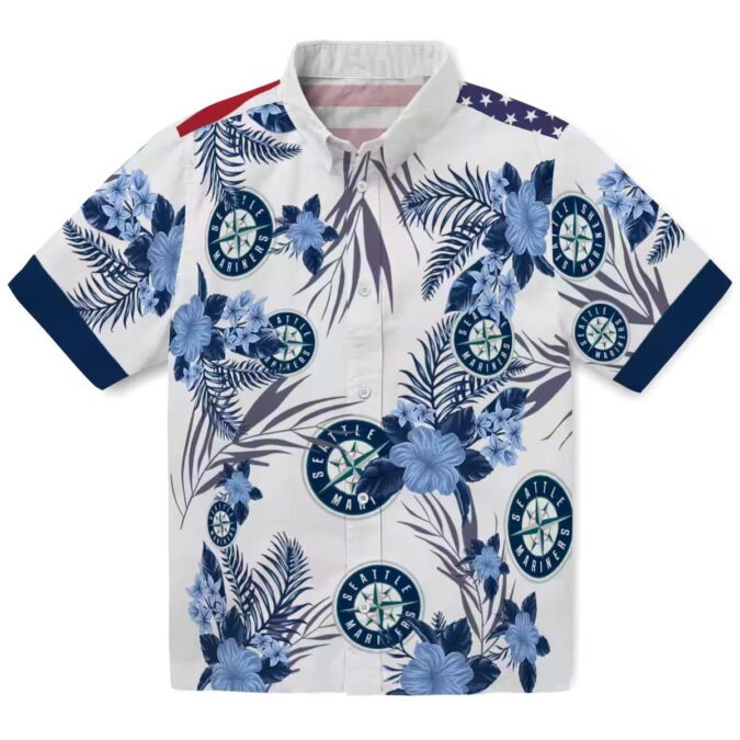 Seattle Mariners Patriotic Hibiscus Hawaiian Shirt - Navy Blue White MLB Summer Shirt