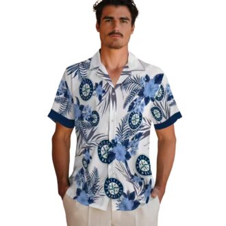 Seattle Mariners Patriotic Hibiscus Hawaiian Shirt - Navy Blue White MLB Summer Shirt