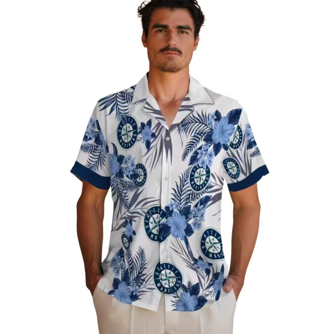 Seattle Mariners Patriotic Hibiscus Hawaiian Shirt - Navy Blue White MLB Summer Shirt