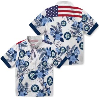 Seattle Mariners Patriotic Hibiscus Hawaiian Shirt - Navy Blue White MLB Summer Shirt