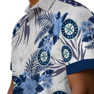 Seattle Mariners Patriotic Hibiscus Hawaiian Shirt - Navy Blue White MLB Summer Shirt