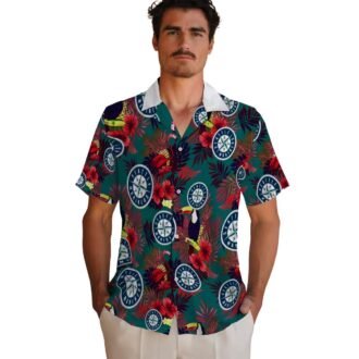 Seattle Mariners Tropical Floral Toucan Hawaiian Shirt - Navy Blue Red for MLB Fans
