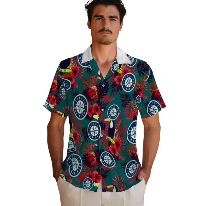 Seattle Mariners Tropical Floral Toucan Hawaiian Shirt - Navy Blue Red for MLB Fans