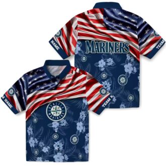 Seattle Mariners US Flag Hibiscus Hawaiian Shirt - Personalized Navy Blue Shirt for MLB Fans